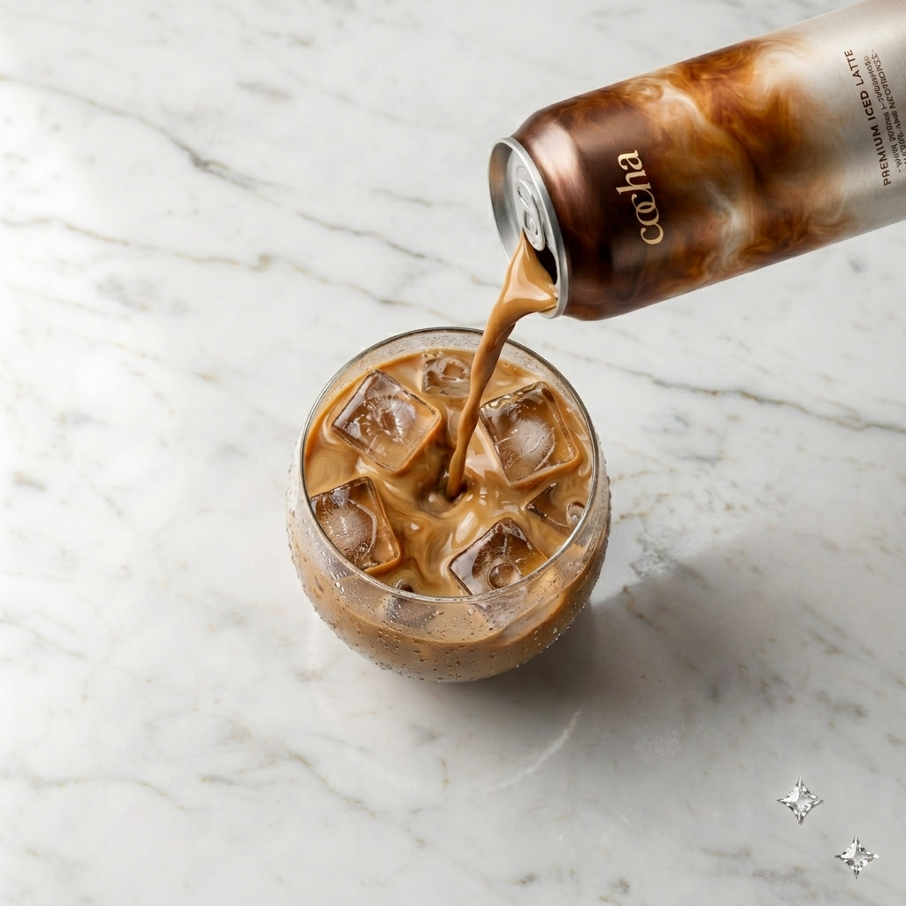 Cocha iced latte being poured over ice