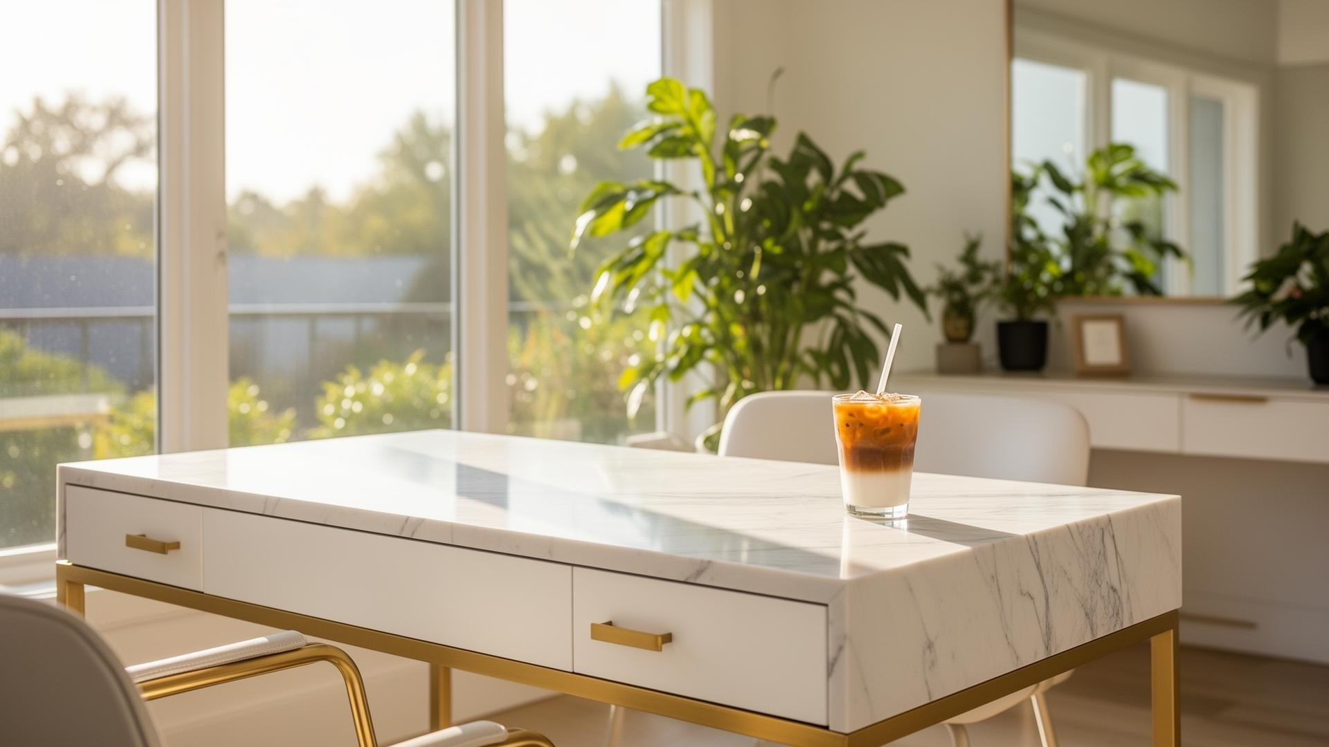 Iced latte on marble desk